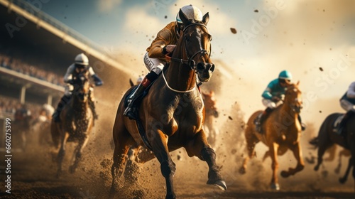 Horse racing, horses and jockeys battling for first position on the race track © sirisakboakaew