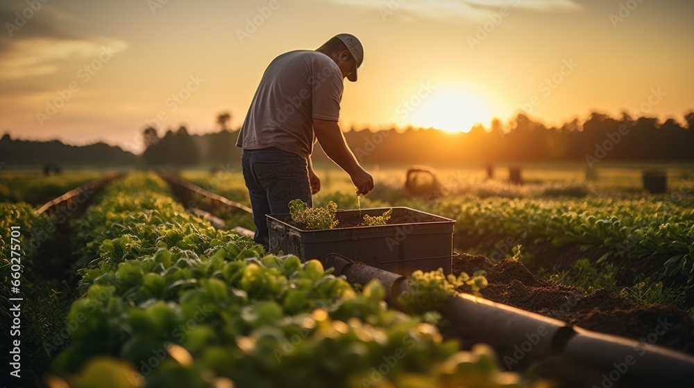 Obraz na płótnie Man in a rural field with a vegetable box at sunset represents country life food production w salonie