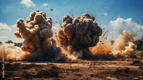 Military training ground experiences explosion resulting in destruction from aerial bombs