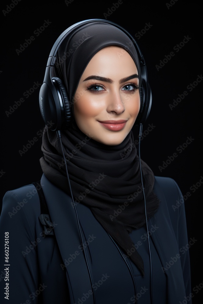 Portrait of young beautiful Muslim business woman call center operator