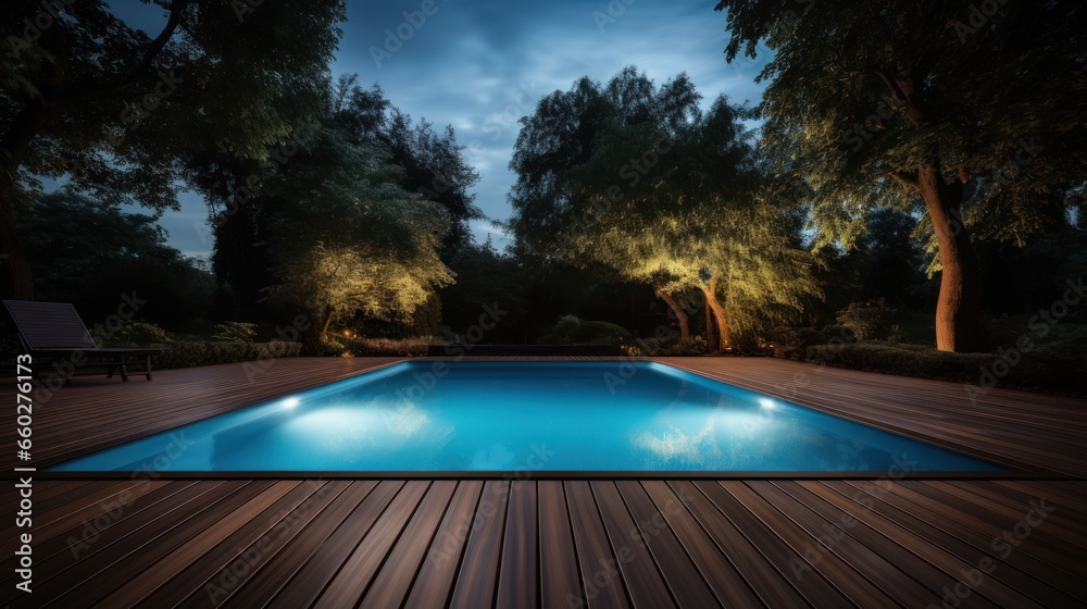 Swimming pool in garden, Wooden floor