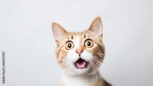fluffy domestic cat with wide eyes and an open mouth is surprised, emotional portrait of an animal, shocked look, meowing, screaming, facial expression, home pet, feline, whiskers, fur