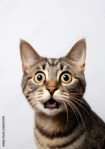 fluffy domestic cat with wide eyes and an open mouth is surprised, emotional portrait of an animal, shocked look, meowing, screaming, facial expression, home pet, feline, whiskers, fur © Julia Zarubina