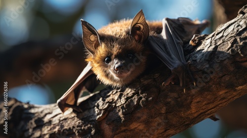 Tree roosting bat C brachyotis hanging from a roof © sirisakboakaew