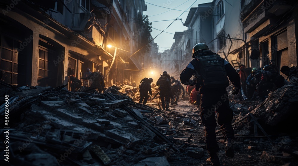 Volunteer and rescue forces searching through a destroyed victims in building and streets after earthquake