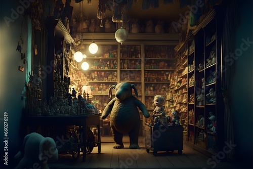 creepy Victorian toy shop fantasy interior toys on shelves 