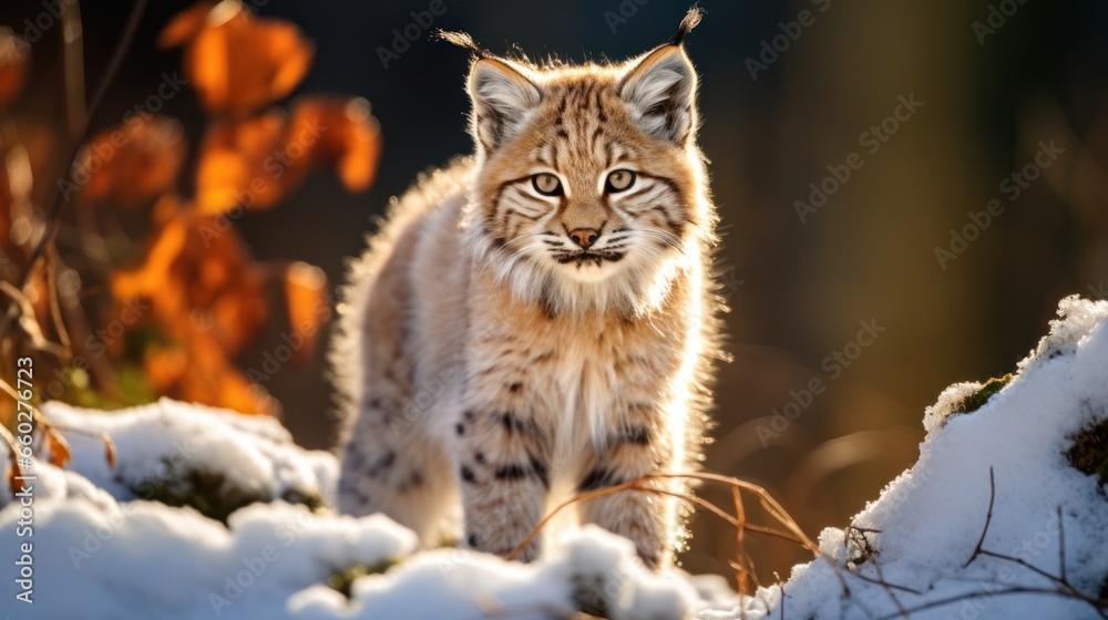 Obraz premium Winter lynx Young Eurasian lynx Lynx lynx walking in snowy beech forest