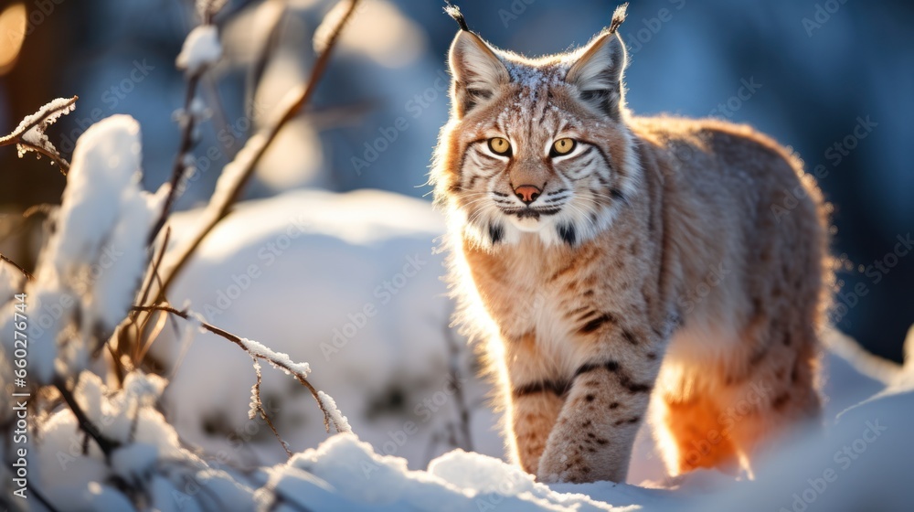 Winter lynx Young Eurasian lynx Lynx lynx walking in snowy beech forest