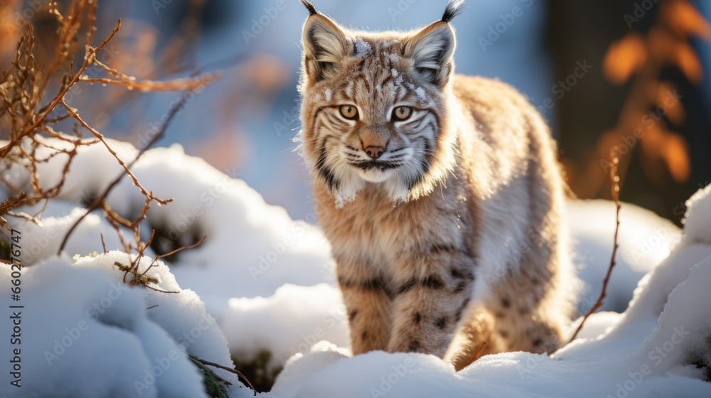 Fototapeta premium Winter lynx Young Eurasian lynx Lynx lynx walking in snowy beech forest