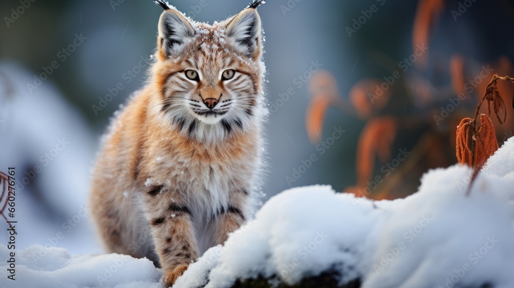 Winter lynx Young Eurasian lynx Lynx lynx walking in snowy beech forest