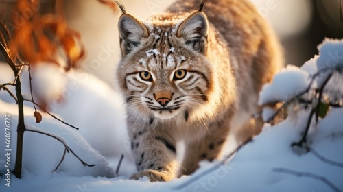 Winter lynx Young Eurasian lynx Lynx lynx walking in snowy beech forest