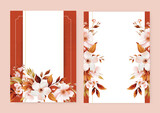 White sakura wedding invitation card template with flower and floral watercolor texture vector