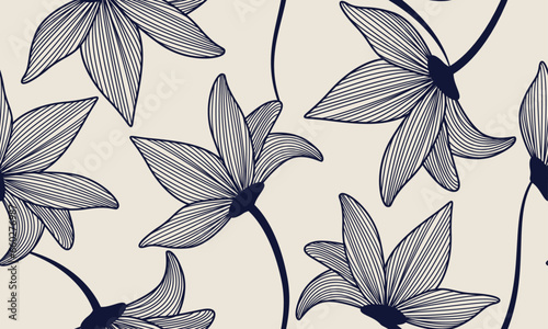 Floral Seamless Pattern in Trendy Linear Style. Floral Minimalist Background. Seamless Pattern with Flowers. Flowers Line Art Pattern for Surface Design, Fabric, Decor, Invitation, Textile.