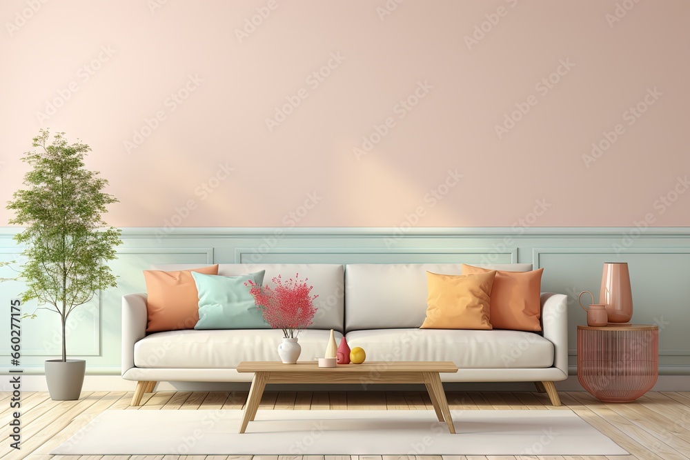 Canapé moderne dans une pièce neutre, dans un style de mise en scène minimaliste, multicolore, cottagecore, palettes de couleurs multiples, maquette, rendu 3d, design d'intérieur, inspiration mobilier - obrazy, fototapety, plakaty 