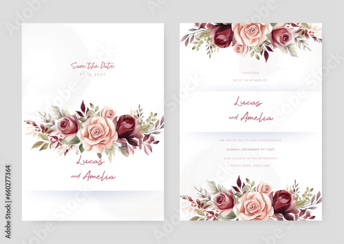 Beige pink and red rose modern wedding invitation template with floral and flower