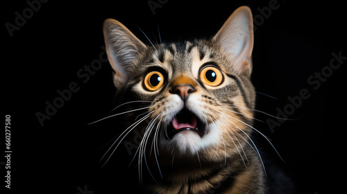 fluffy domestic cat with wide eyes and an open mouth is surprised, emotional portrait of an animal, shocked look, meowing, screaming, facial expression, home pet, feline, whiskers, fur