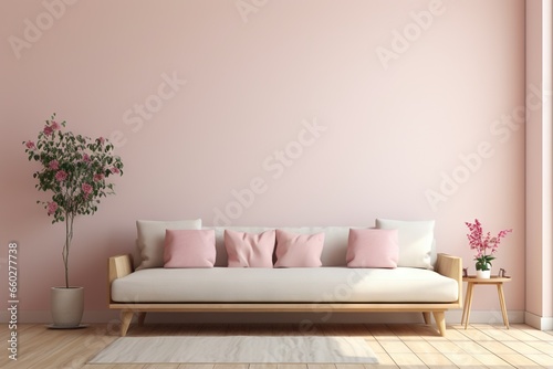Canapé moderne dans une pièce neutre, dans un style de mise en scène minimaliste, multicolore, cottagecore, palettes de couleurs multiples, maquette, design d'intérieur. IA générative, IA © MiniMaxi