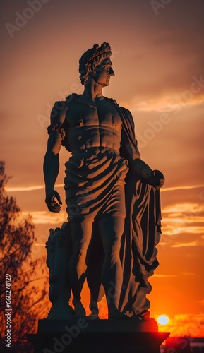 ancient Roman statue of man with sunset in the background in Ancient Rome 