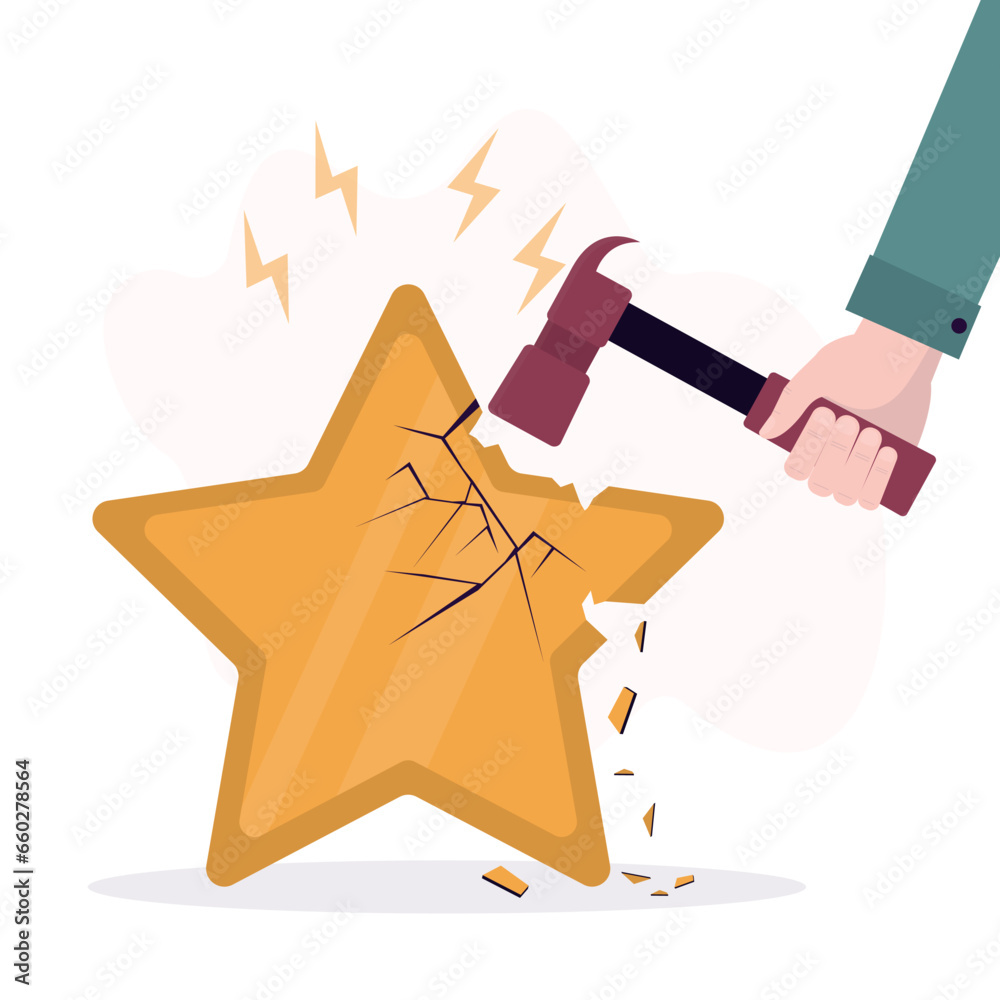 Hand uses big hammer and breaks star, rating collapse. Destruction of reputation. Bad comments and reviews crash business. One star rating, negative review, customer feedback. - obrazy, fototapety, plakaty 