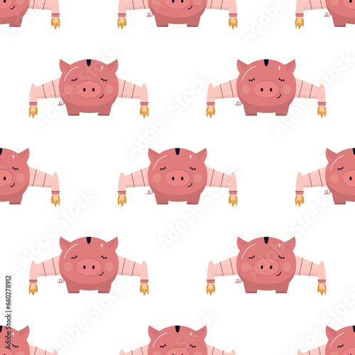 Piggy bank with rocket boosters and wings flying high up in sky. Seamless pattern with funny animal. Boost financial earnings, passive income, high growth investment,