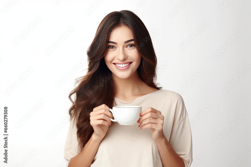 Close up of a young woman holding coffee cup in the morning on white background. Generative Ai Close up of a young woman holding coffee cup in the morning on white background. Generative Ai