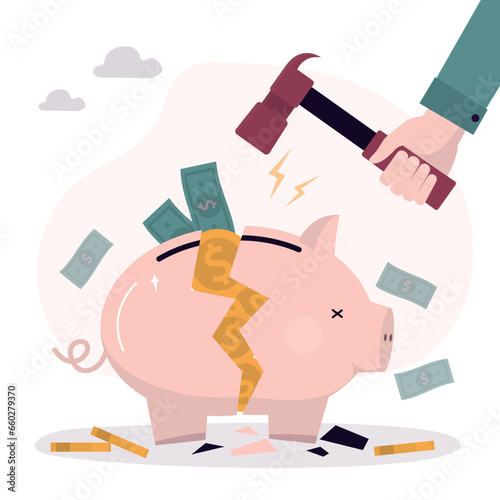 Businessman hand uses hammer to smash piggy bank. Cartoon broken piggy bank, money falling. Breaking bank concept. economic crisis or recession leads to waste of savings.
