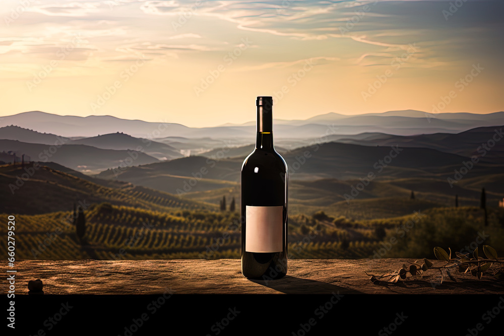 Red wine bottle mock up, empty white label, product promotion, advertising, vineyards at sunset