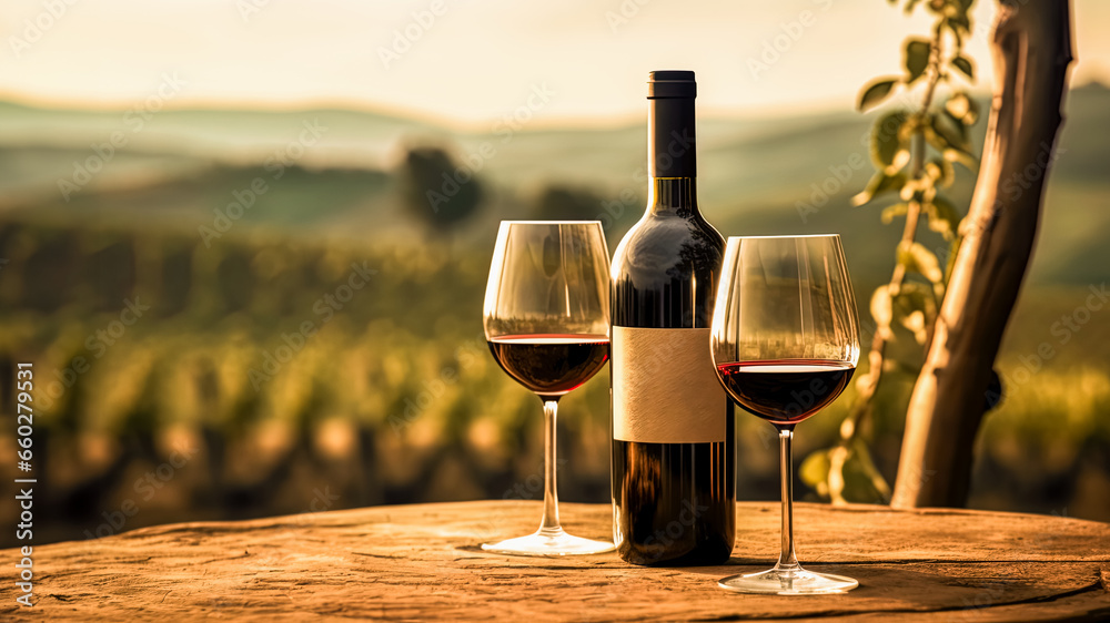 Wine bottle mock up, empty label, glass, product promotion, advertising, vineyards at sunset
