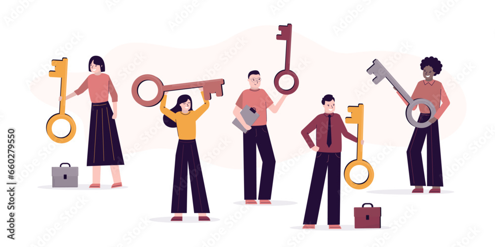 Set of dIfferent business people with keys. Opening new opportunities and doors to business. Secret key to achieving goals, strategies and methods for greater success and wealth
