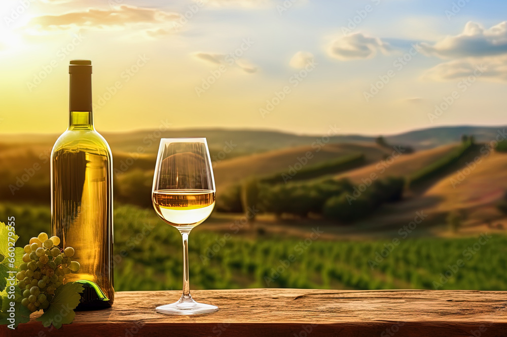 Mock-up white wine bottle without label, glass, promotion, advertising, vineyards at sunset Mock-up white wine bottle without label, glass, promotion, advertising, vineyards at sunset
