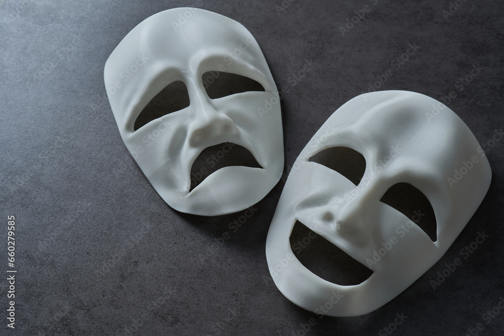 theatre theater theatrical tragedy drama comedy mask on grey background. theatre theater theatrical tragedy drama comedy mask. white happy and sad theatre theater theatrical tragedy drama comedy mask - obrazy, fototapety, plakaty 