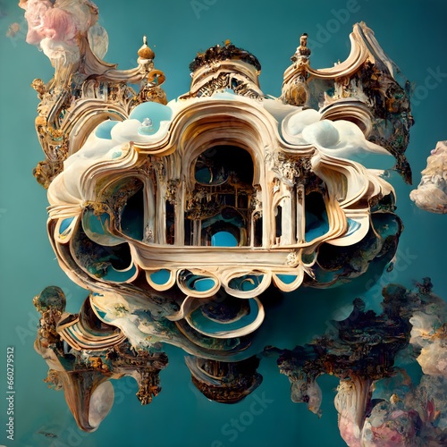 the world is upside down earth and sky interchanged surreal psychedelic rococo architecture objects floating 