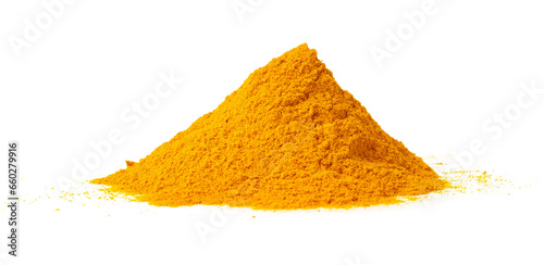 Heap of turmeric powder isolated on white background