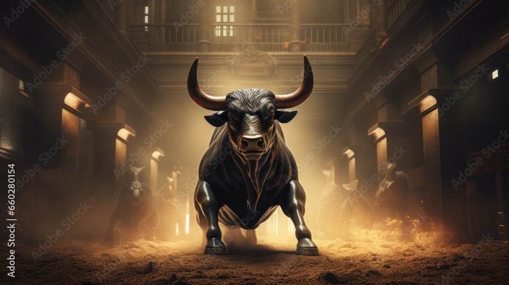 Bull market, stocks going up, green - obrazy, fototapety, plakaty 