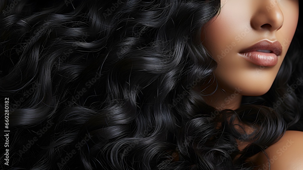 The woman's curly black hair is clean and shiny The woman's curly black hair is clean and shiny