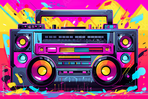 Illustrations from the cassette tape era in vibrant color compositions