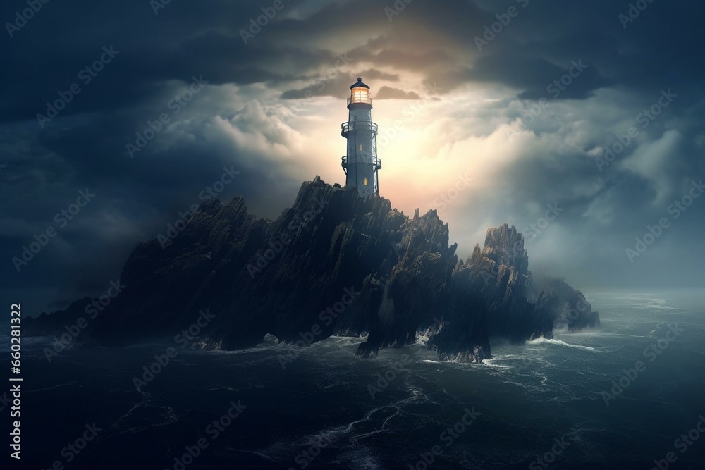 a lighthouse in the ocean with fog, clouds, mountains, and a full moon in the sky. Generative AI - obrazy, fototapety, plakaty 