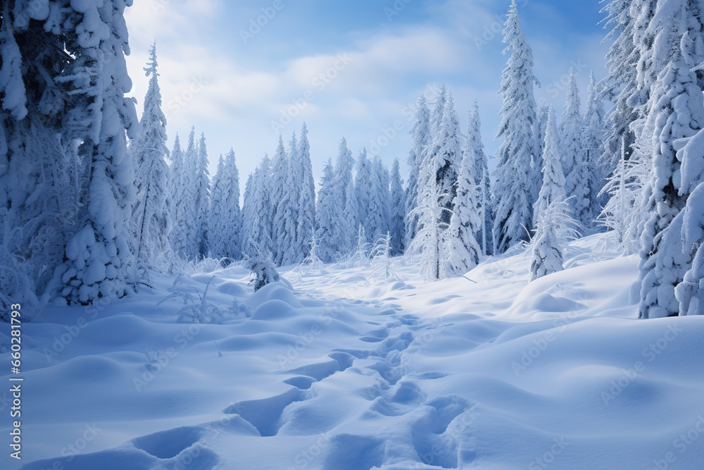 Image with the magic of snowfall, where frozen wonders create a picturesque winter landscape Image with the magic of snowfall, where frozen wonders create a picturesque winter landscape
