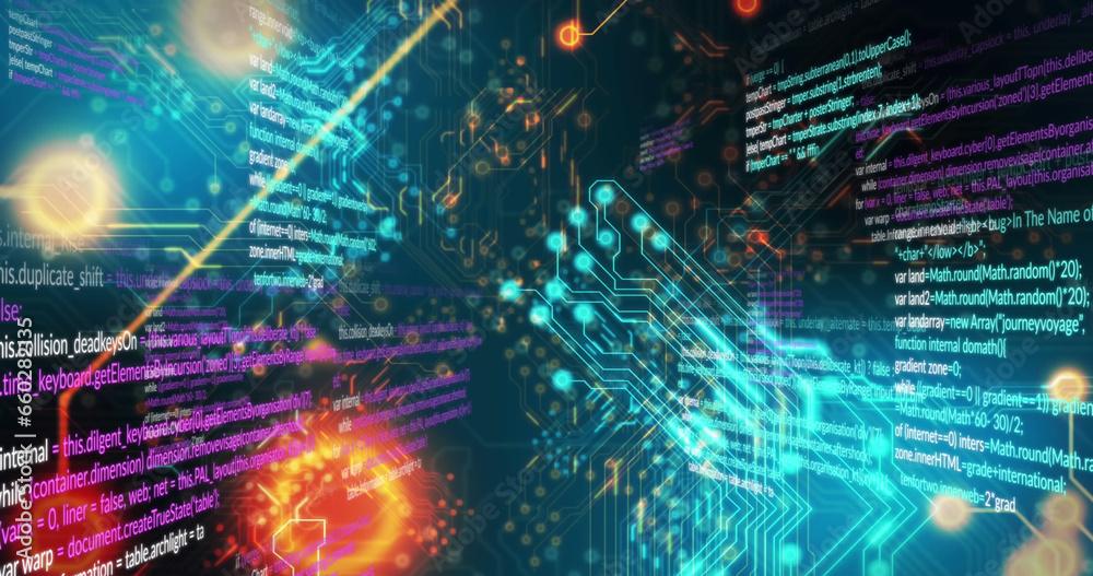 Obraz premium Image of circuit board pattern and computer language over black background