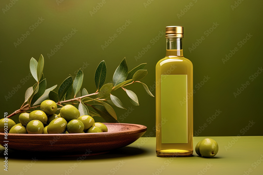 Mock up with plump green olives and bottle of premium olive oil Mock up with plump green olives and bottle of premium olive oil