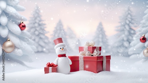 Portrait red gift box with snowman on the winter background AI Generative © Tebha Workspace