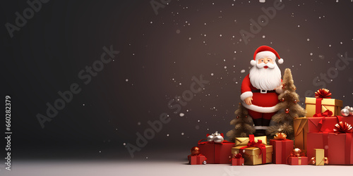 santa claus with christmas gifts, Christmas Santa Claus with bag of gifts box. Realistic 3d cartoon character. Happy New Year and Merry Christmas. Holiday card, red banner, web poster.