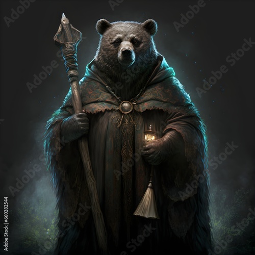 bear druid with a wooden staff controlling nature with magic with spells at night black cloak epic highly detailed hyper realistic fantasy 8k protagonist humanoid 