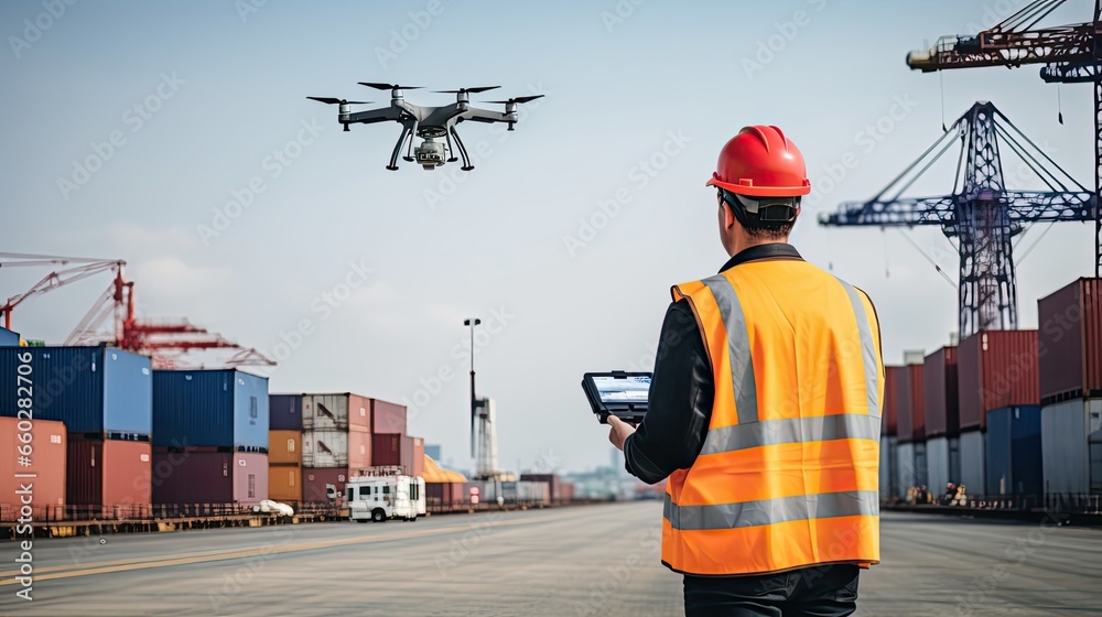 Man Doing Inspection with Drone at Ship Yard Logistic Site