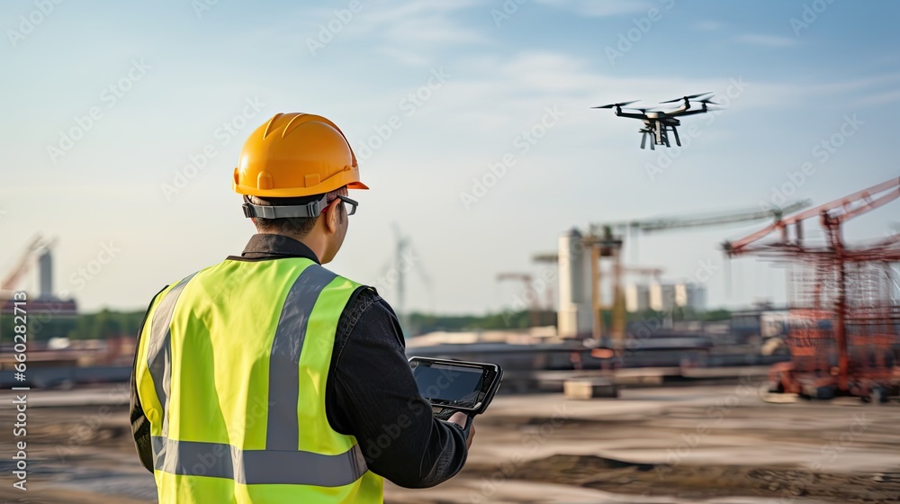 Man Doing Inspection with Drone at Construction Site