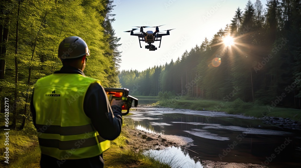 Obraz na płótnie Inspection with Drone forest river w salonie