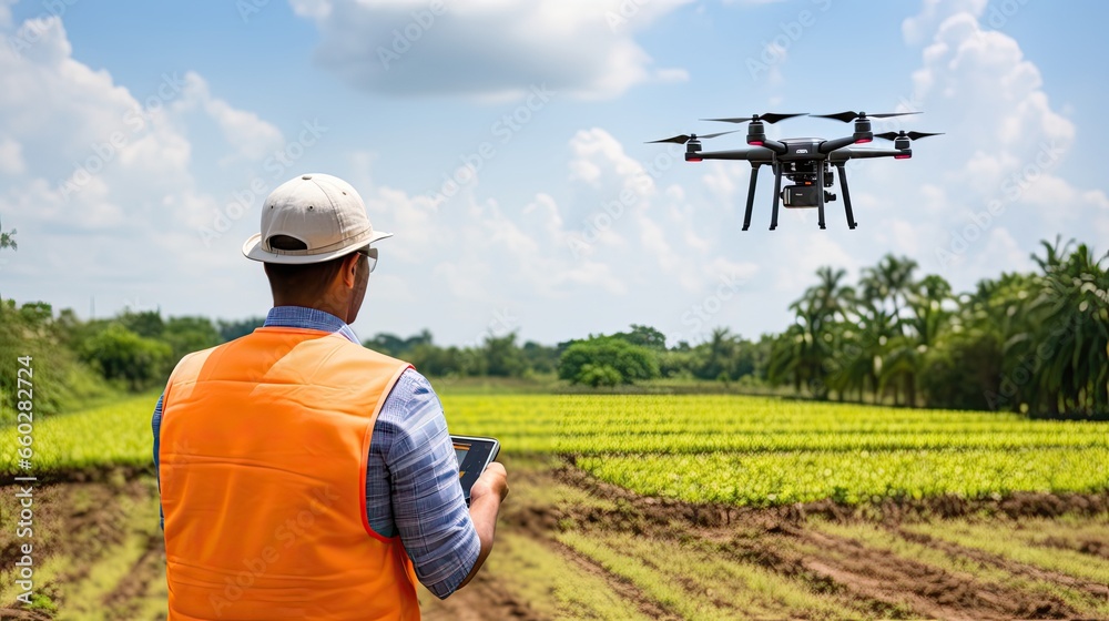 Man Inspection with Drone at Farm Man Inspection with Drone at Farm