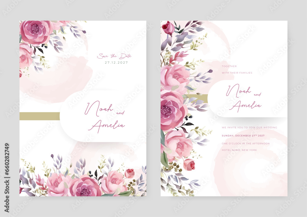 Pink rose luxury wedding invitation with golden line art flower and botanical leaves, shapes, watercolor