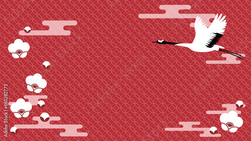 白梅と鶴がモチーフの和柄の描かれたおめでたい背景フレームイラスト