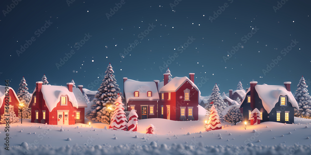Christmas winter fairy village landscape, santa house - obrazy, fototapety, plakaty 